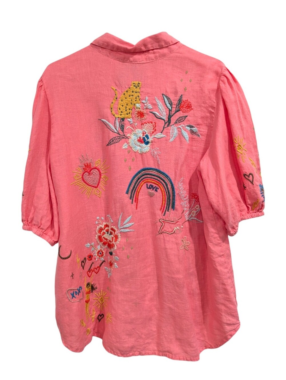 Johnny Was Ruth Lisbon Embroidered Linen Blouse Coral Pink Button Top Size M - Picture 3 of 7